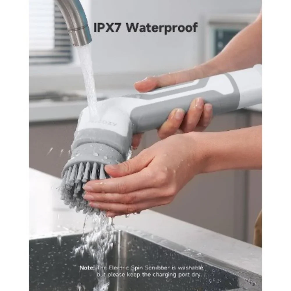 Cordless Electric Spin Scrubber - 2 Speeds - 4 Replaceable Brush Heads - IPX7